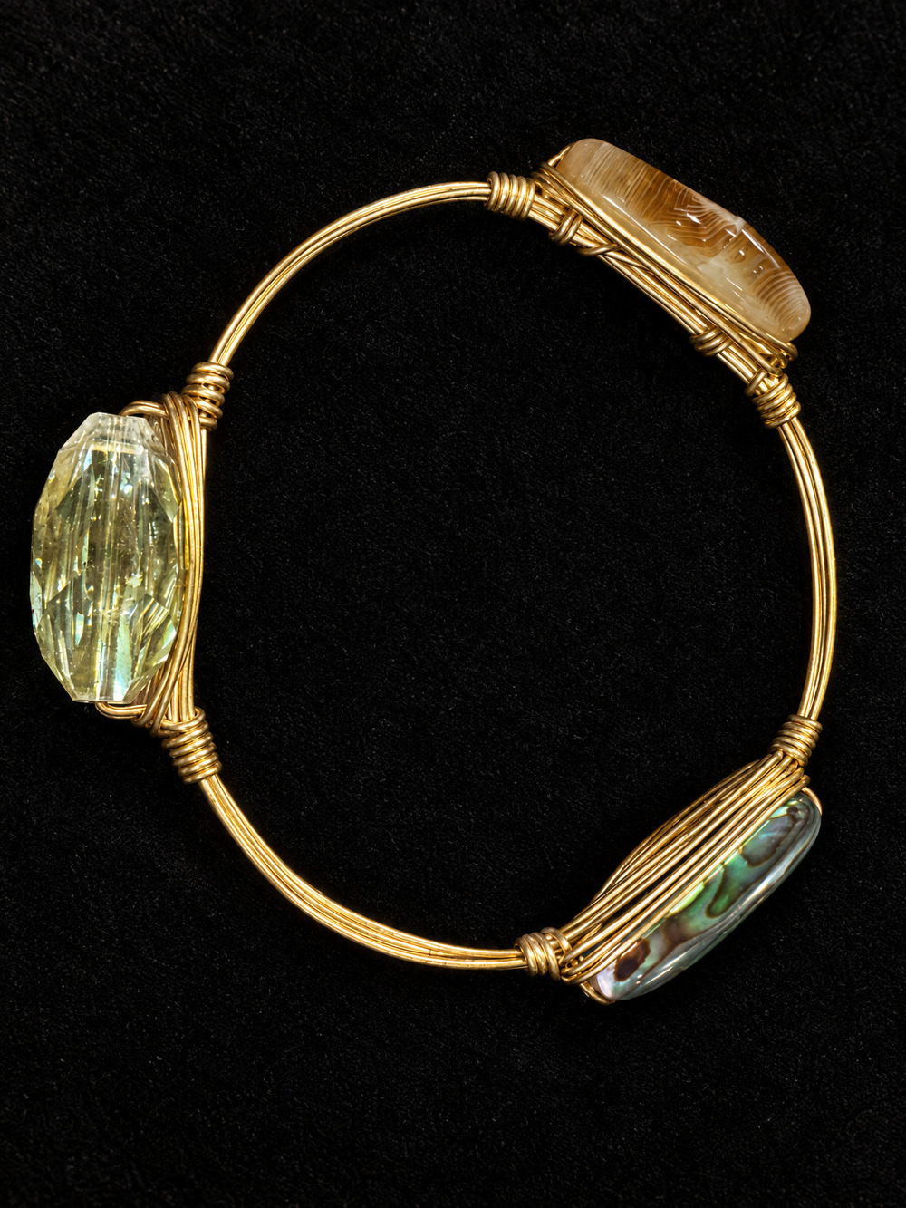 ⚜️ Wire-Wrap Bangle | Quartz · Agate · Abalone | Gold-Tone 💗